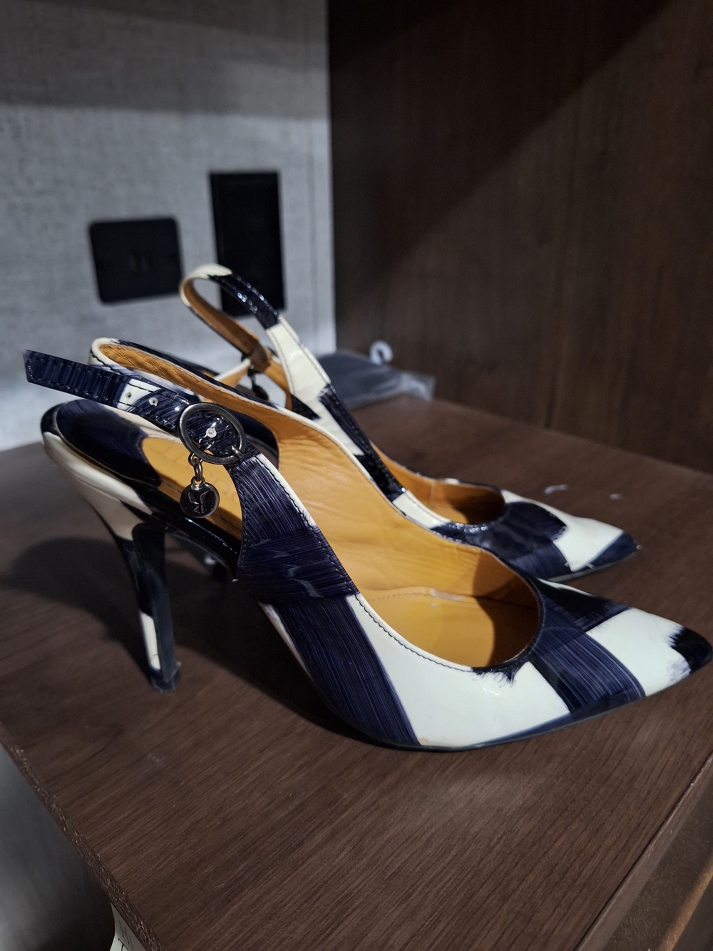 Navy and White Striped Pointed Slingback Heels